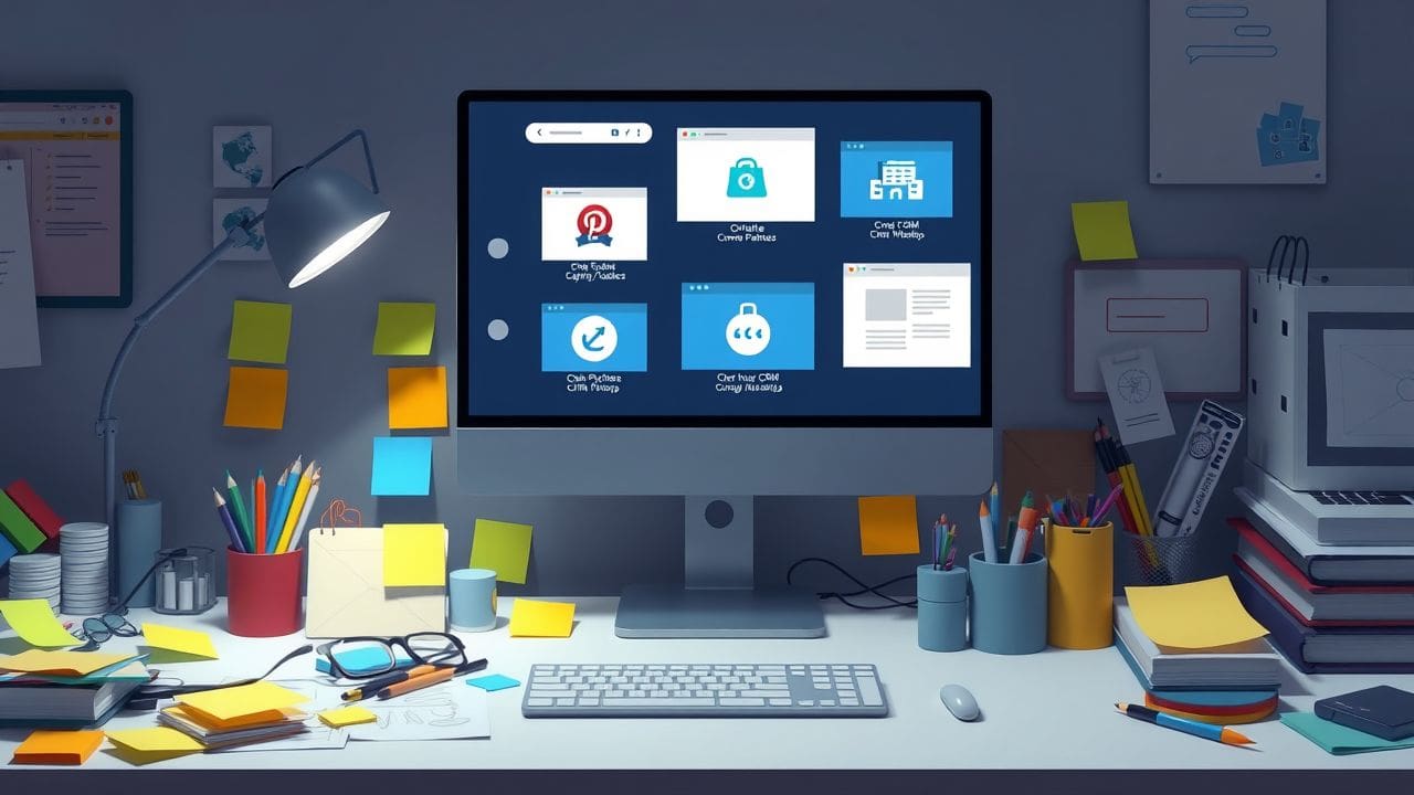 Een druk maar georganiseerd kantoorwerkplek met een computer en kantoorbenodigdheden.