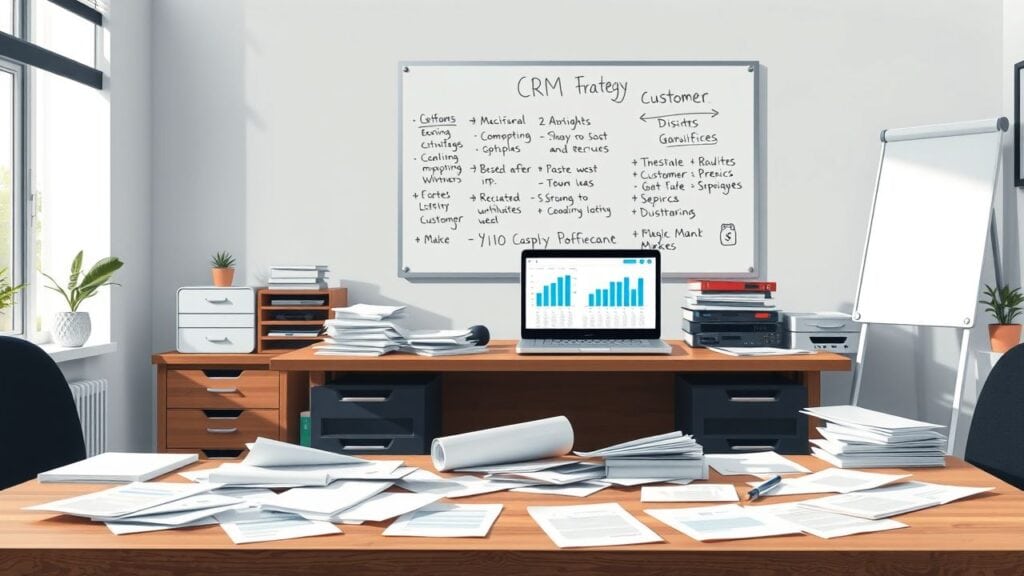 Een rommelig bureau met CRM strategie en klantgegevens.