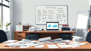 Een rommelig bureau met CRM strategie en klantgegevens.