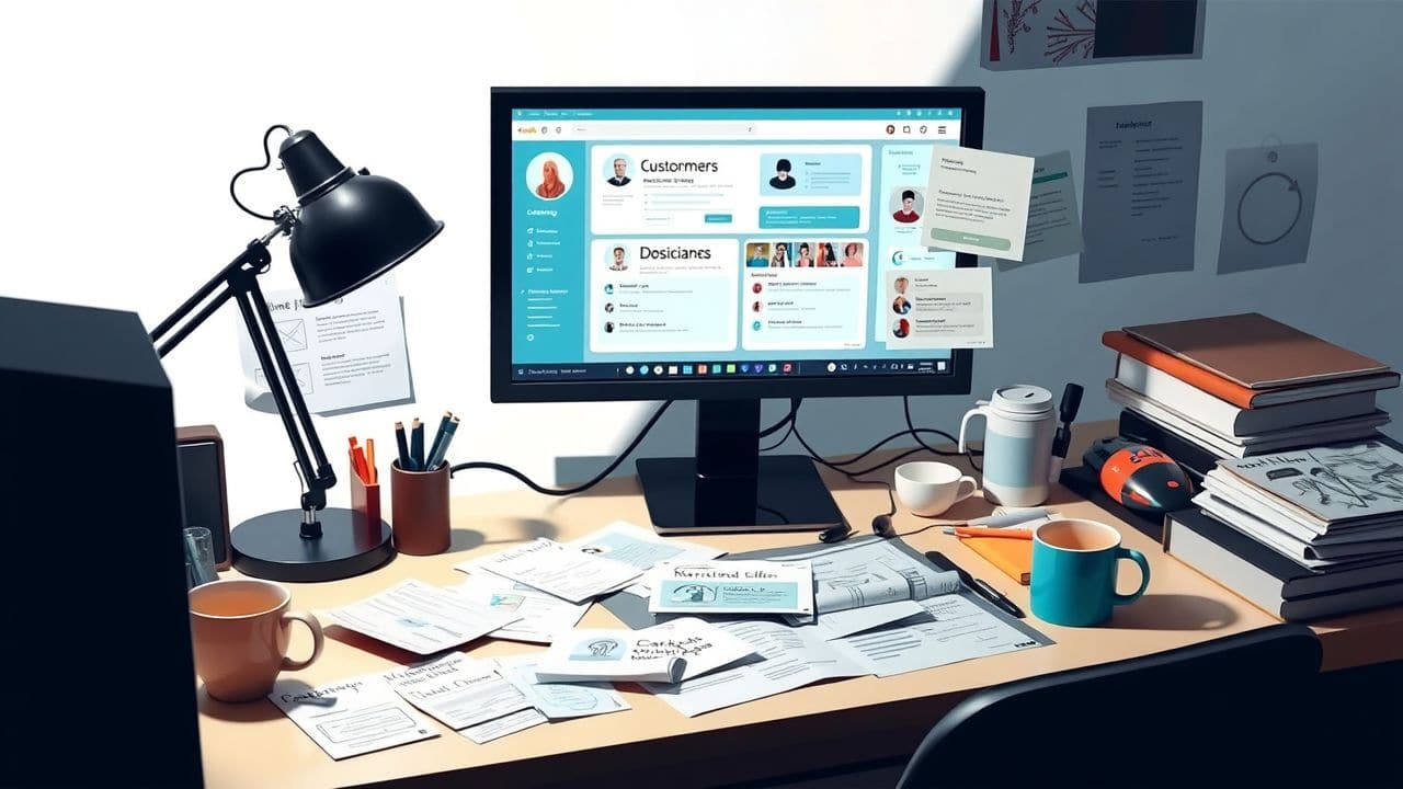 Een rommelig bureau met computer, klantprofielen en koffiekopjes.