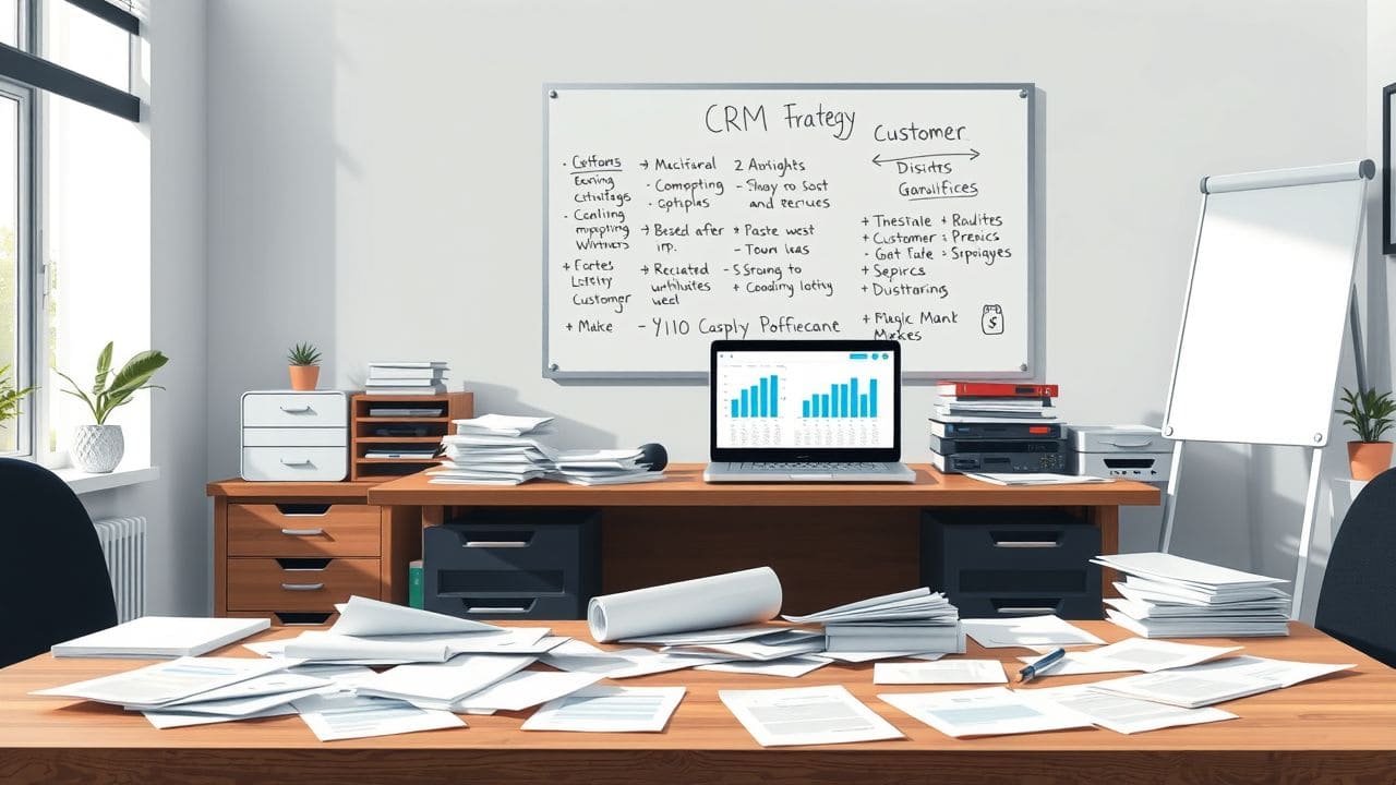 Een rommelig bureau met CRM strategie en klantgegevens.