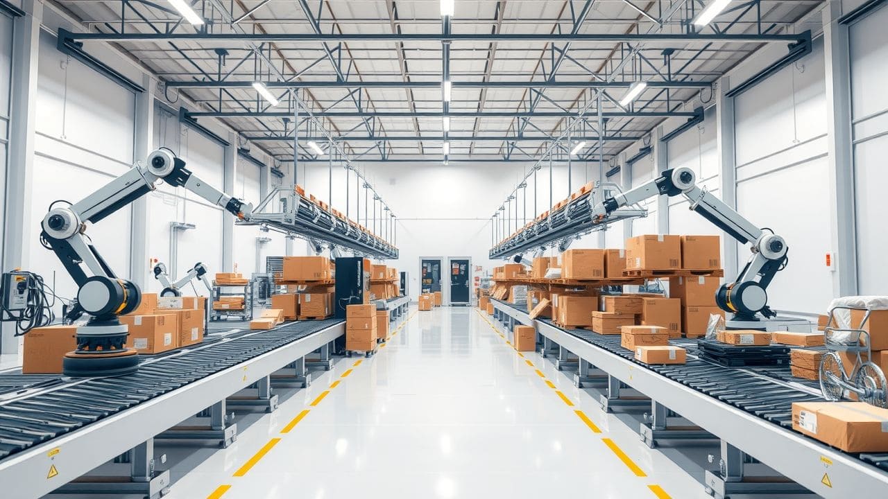 Een moderne e-commerce magazijn met robotarmen en pakketten.