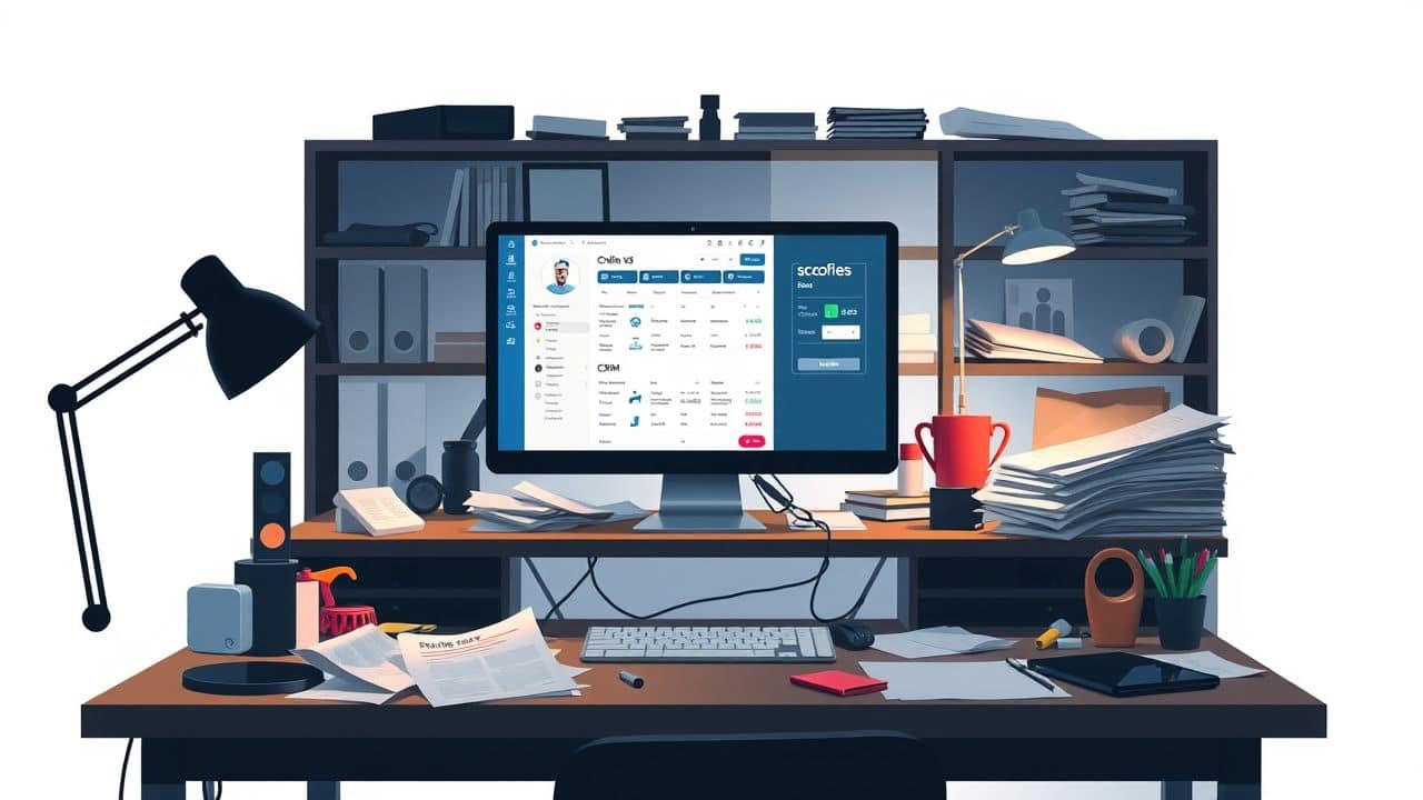 Een rommelig thuiskantoor met een CRM-systeem voor een online winkel.