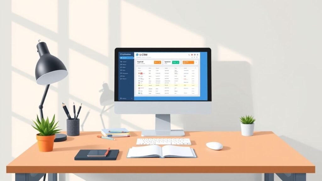 Een modern kantoor bureau met CRM software en kantoorbenodigdheden.