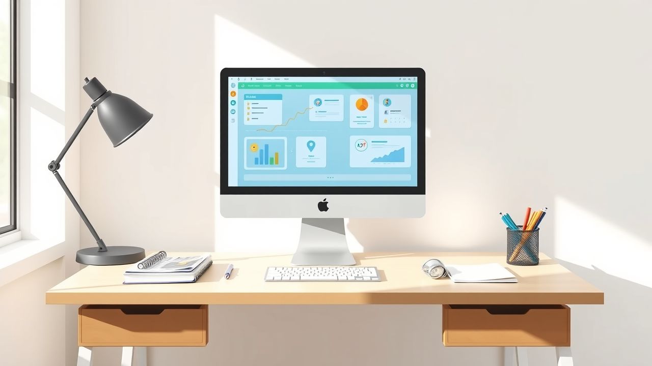 Een plat ontwerp van een kantoorbureau met een CRM-systeem.