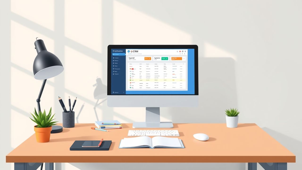 Een modern kantoor bureau met CRM software en kantoorbenodigdheden.