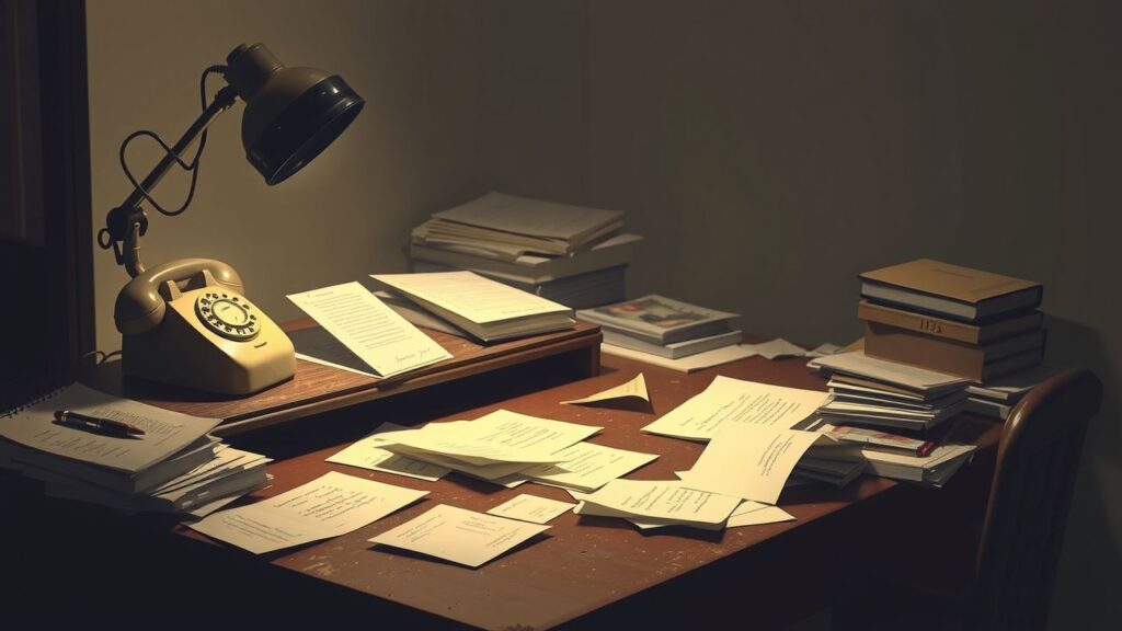 Een rommelig bureau in een ouderwets kantoor met vintage spullen.