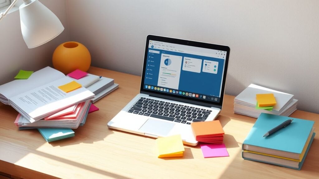 Een georganiseerd bureau met laptop, bestanden en notitiebriefjes.