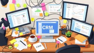 Een rommelig bureau met computermonitoren en CRM-softwareinterfaces.