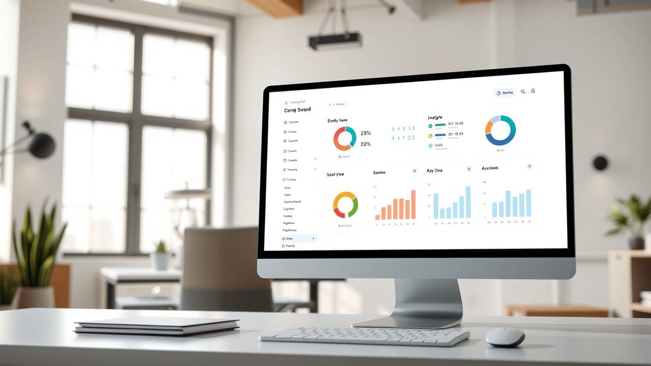 Een modern CRM systeem dashboard op een computerscherm in een opgeruimde kantoorruimte.