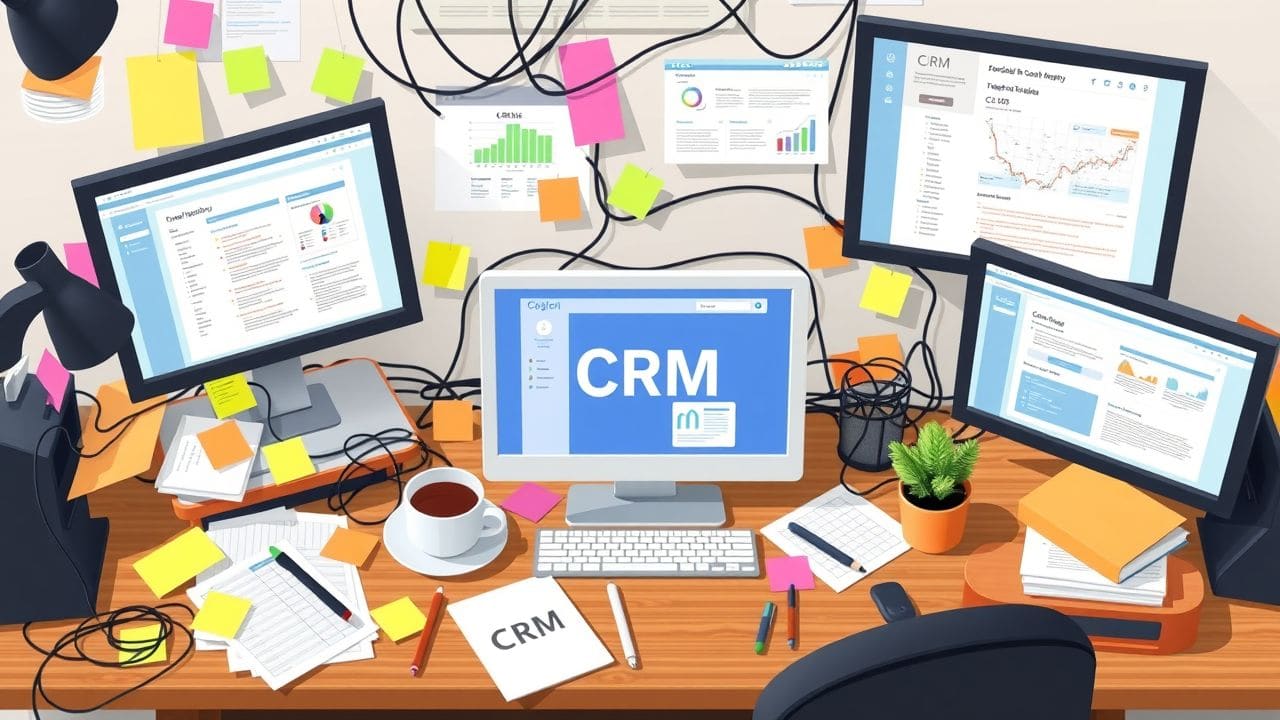 Een rommelig bureau met computermonitoren en CRM-softwareinterfaces.