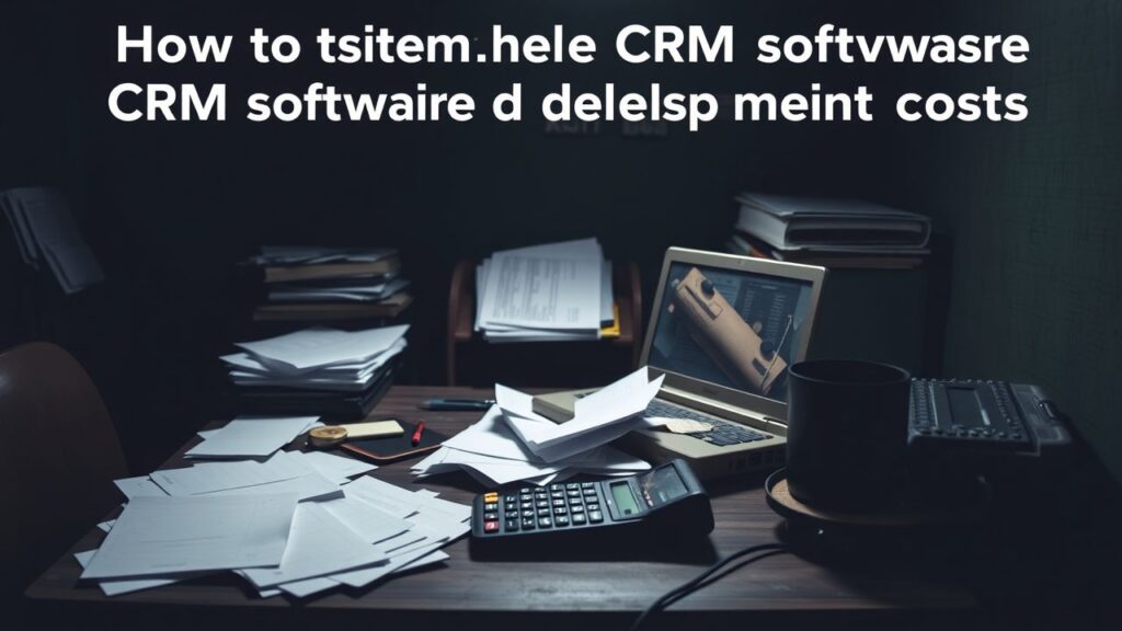 Een rommelig bureau met papieren en een laptop, dat de complexiteit van de kosten van CRM-softwareontwikkeling benadrukt.