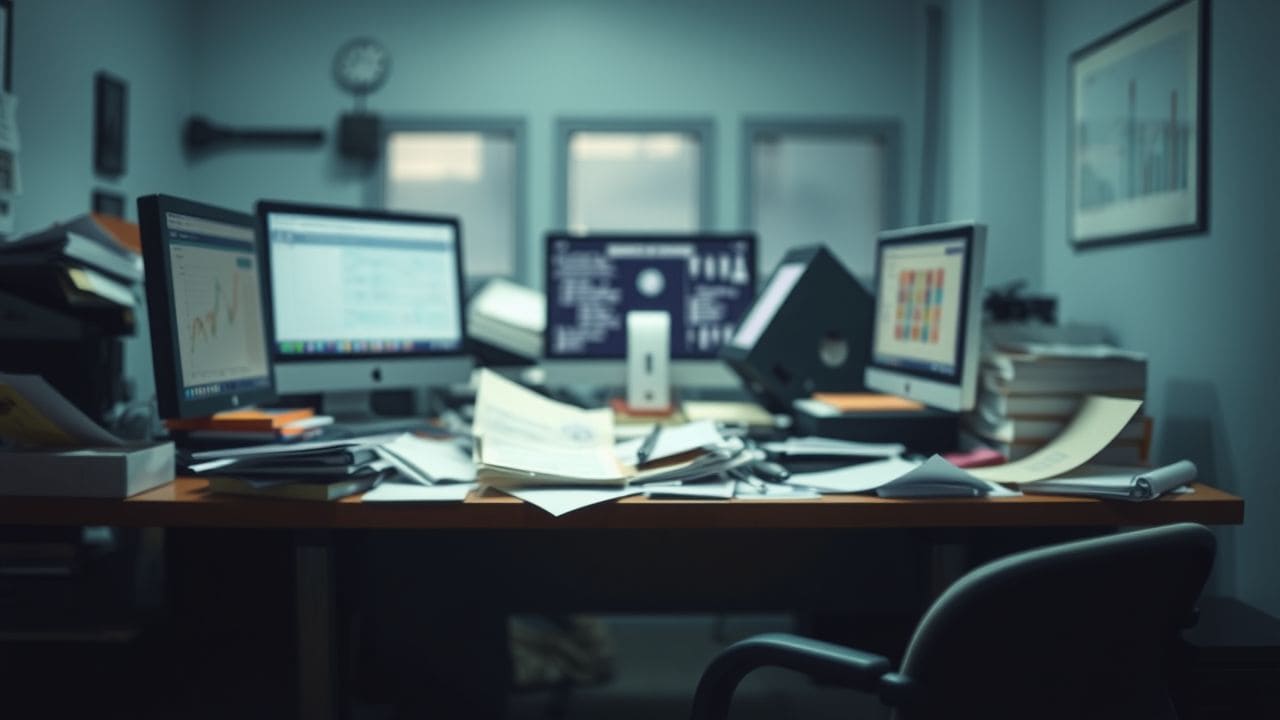Een rommelig bureau in een kantooromgeving, met verspreide papieren en computerschermen.