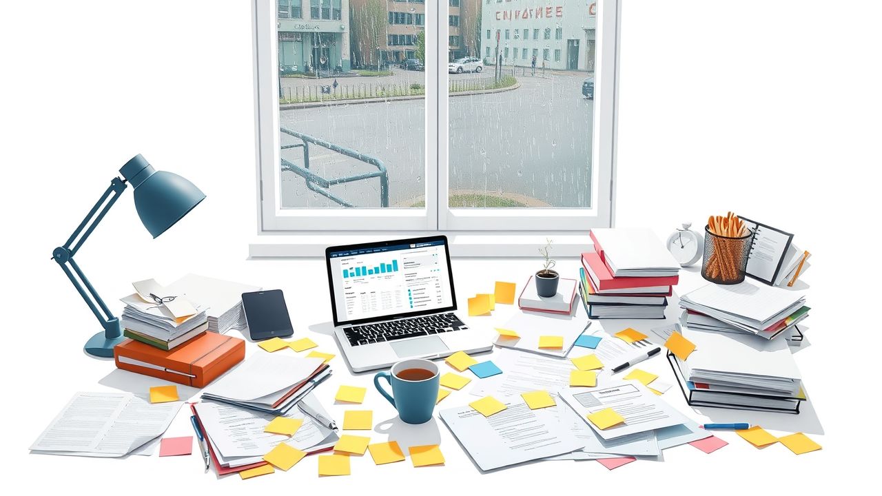 Een rommelig kantoorbureau met een open laptop en CRM-software dashboard.