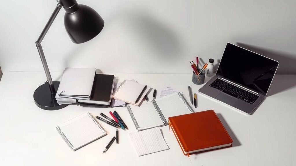 Een rommelig kantoorbureau met notebooks, pennen en laptop.