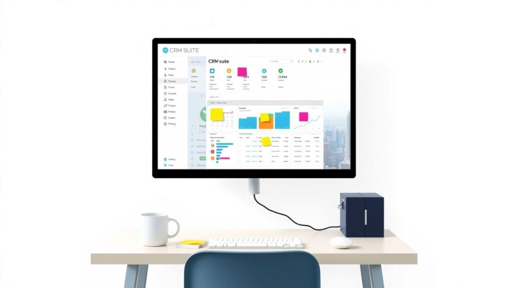 Een moderne kantoorwerkruimte met computer, CRM dashboard en koffiekop.