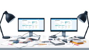 Een rommelig kantoor met overvol bureau en computerschermen.