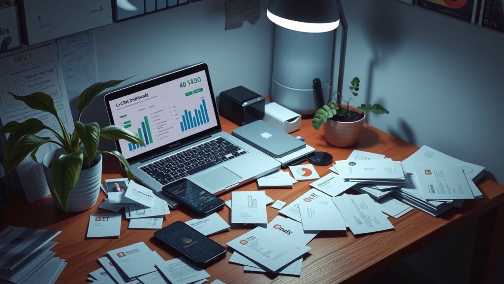 Een rommelig kantoorbureau met open laptop en telefoon.