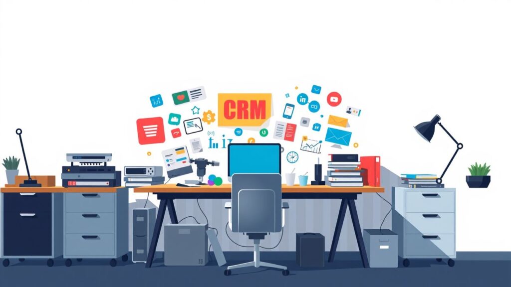 Een rommelig kantoorbureau toont verschillende CRM-tools voor bedrijven in 2024.