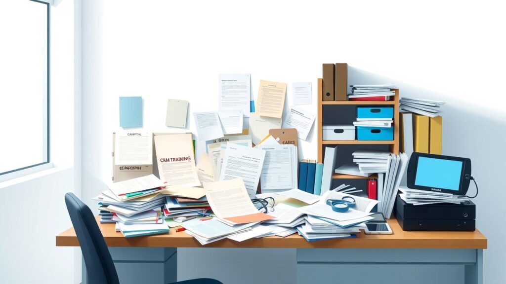 Een rommelig bureau vol met CRM-trainingsmateriaal in een druk ziekenhuis.
