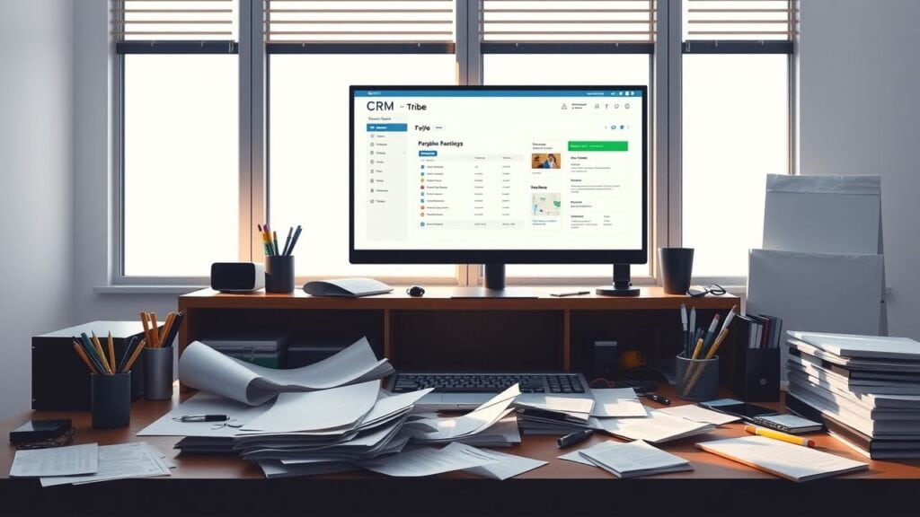 Een rommelig kantoorbureau met een computer die een CRM Tribe-systeem weergeeft.