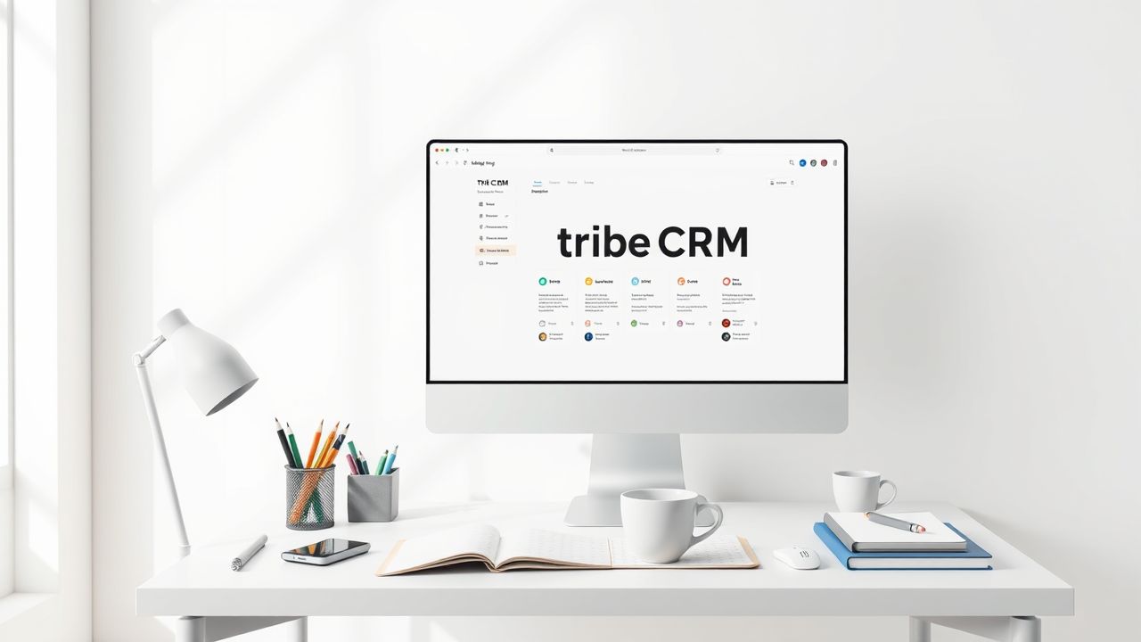 Een modern kantoor bureau met Tribe CRM platform en kantoorbenodigdheden.