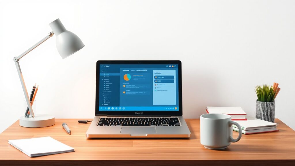 Een eenvoudige bureausetup met een laptop die een CRM-software interface weergeeft.