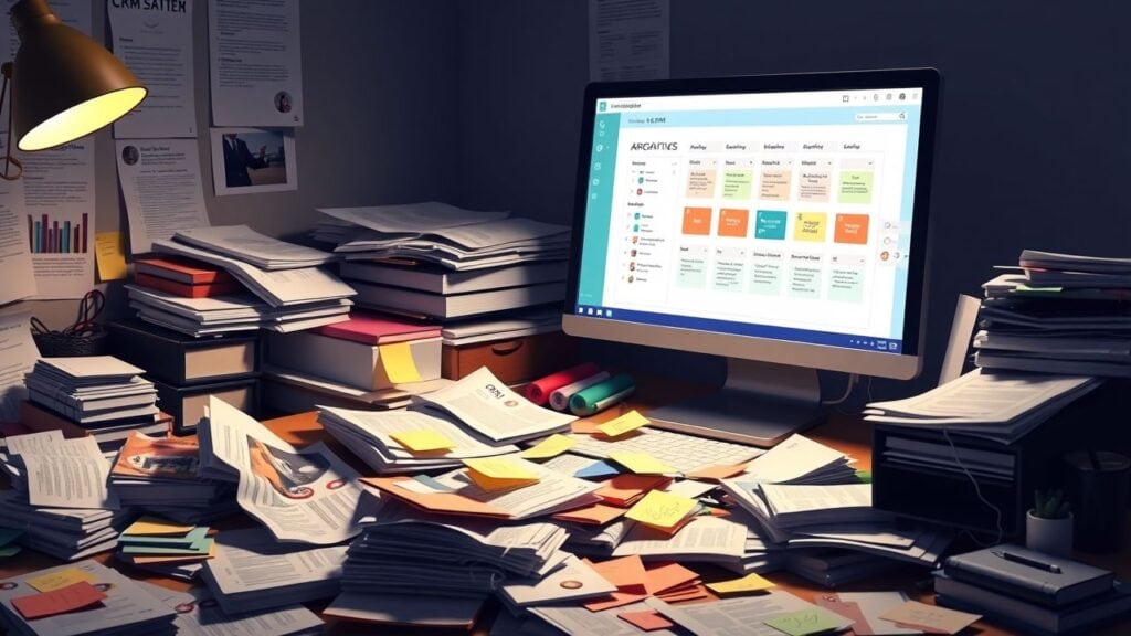 Een rommelig bureau met georganiseerd CRM-systeem op computerscherm.