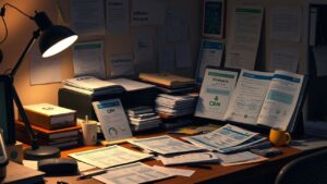 Een rommelig kantoorbureau met CRM-softwarehandleidingen en notities.