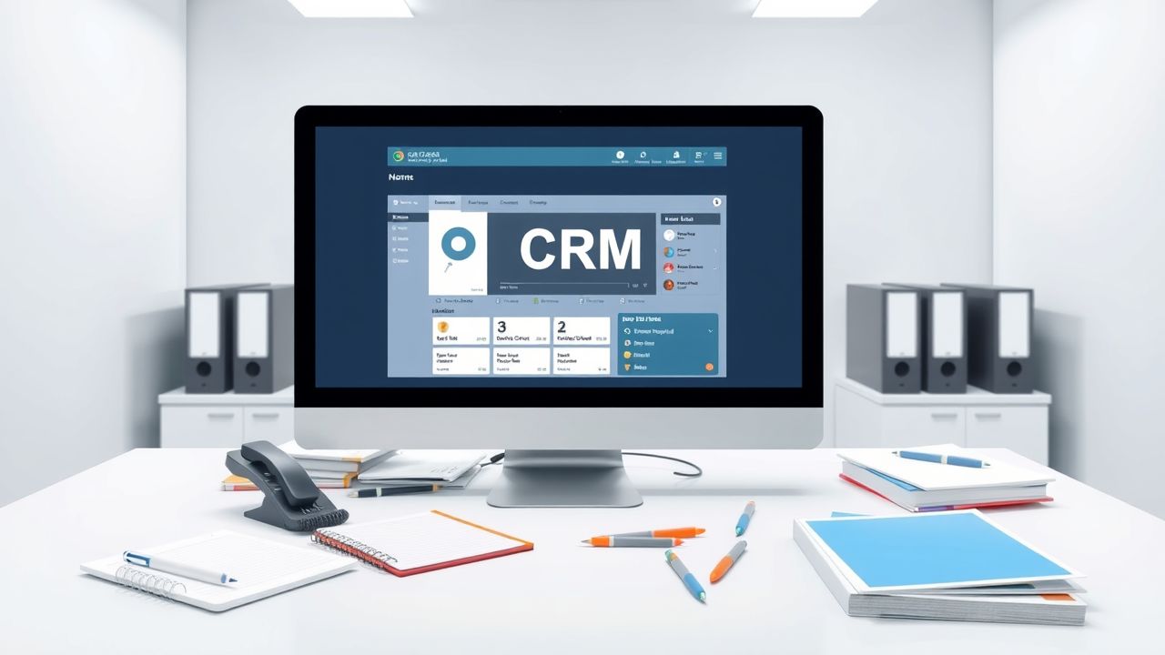Een rommelig kantoorbureau met een CRM-platform op de computer. Een rommelig kantoorbureau met een CRM-platform op de computer.