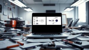 Een rommelig kantoorbureau met open laptop toont ERP en CRM systemen.