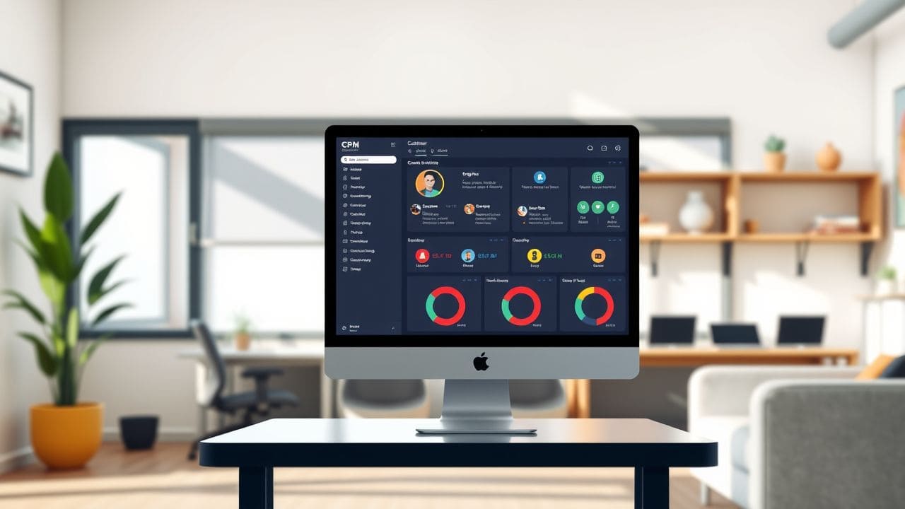 Een werkplek met een CRM-systeem dashboard en moderne meubels.