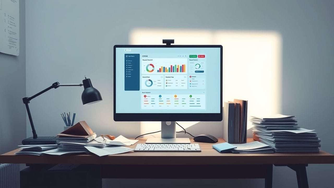 Een rommelig bureau met een CRM-software dashboard op de computer.