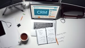 Een rommelig kantoorbureau met CRM-software, notities en koffie.