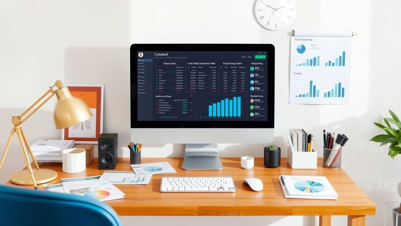 Een opgeruimd bureau met computerscherm, marketingmaterialen en klantgegevens. Een opgeruimd bureau met computerscherm, marketingmaterialen en klantgegevens.