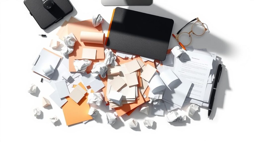 Een rommelig bureau met papieren en mappen.