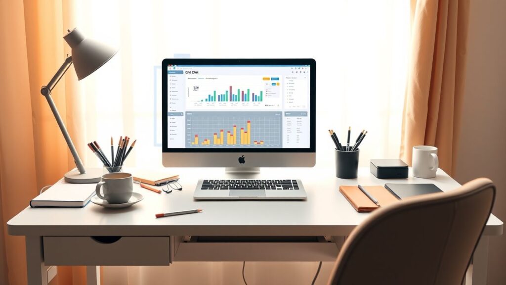 Een opgeruimd thuiskantoor met laptop en kantoorbenodigdheden.