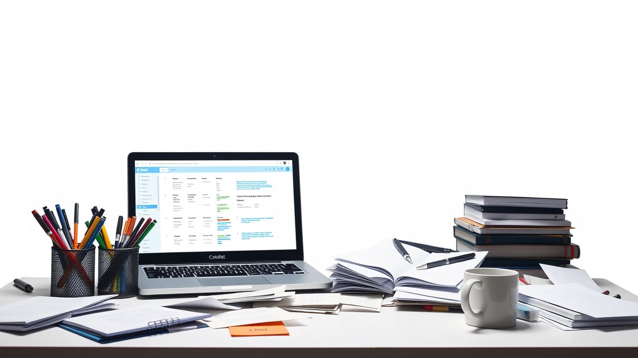 Een rommelig kantoor bureau met CRM software en koffiemok.