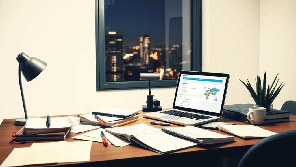 Een rommelig bureau met CRM-systeem en kantoorbenodigdheden.