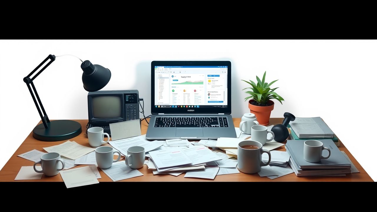 Een rommelig bureau met verouderde technologie, waar klantrelaties inefficiënt worden beheerd.