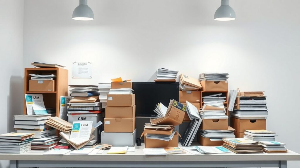 Een rommelig kantoorbureau met oude software en instructiehandleidingen.