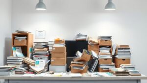 Een rommelig kantoorbureau met oude software en instructiehandleidingen.