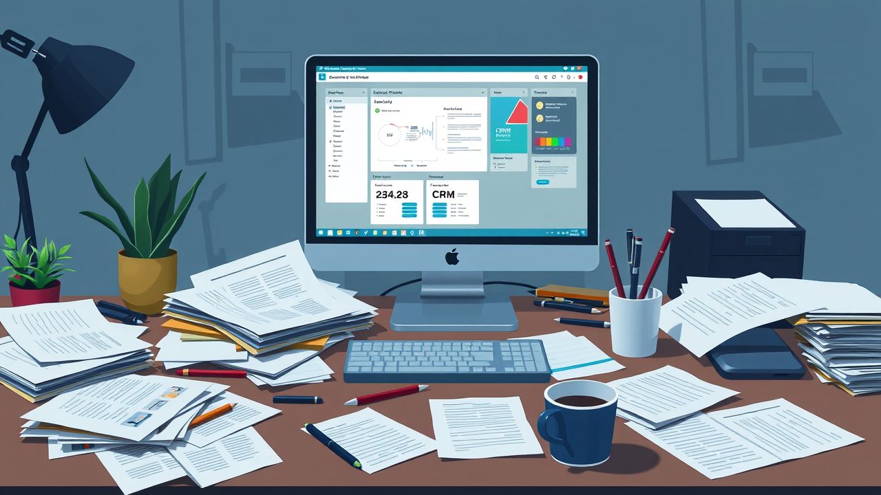 Een rommelig kantoor met CRM-software op computerscherm en papieren.