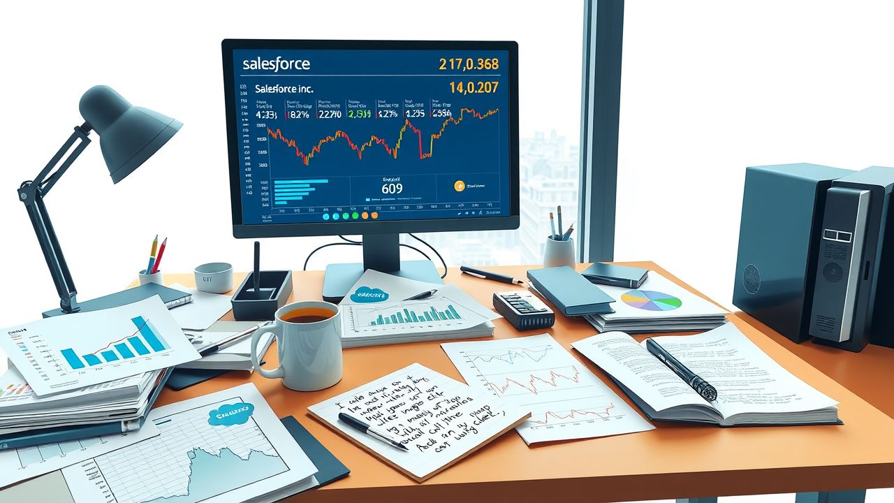 Een rommelig kantoorbureau met financiële grafieken, computer en koffiemok.