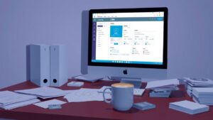 Een rommelig kantoor met een computer die een CRM-software toont.