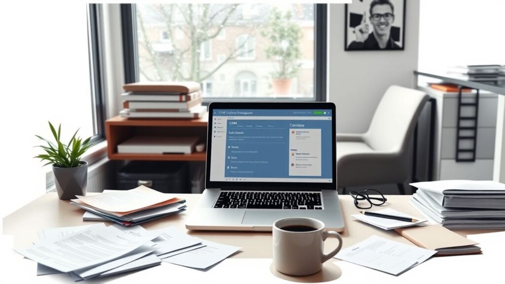 Een rommelig bureau met een open laptop en CRM-interface.