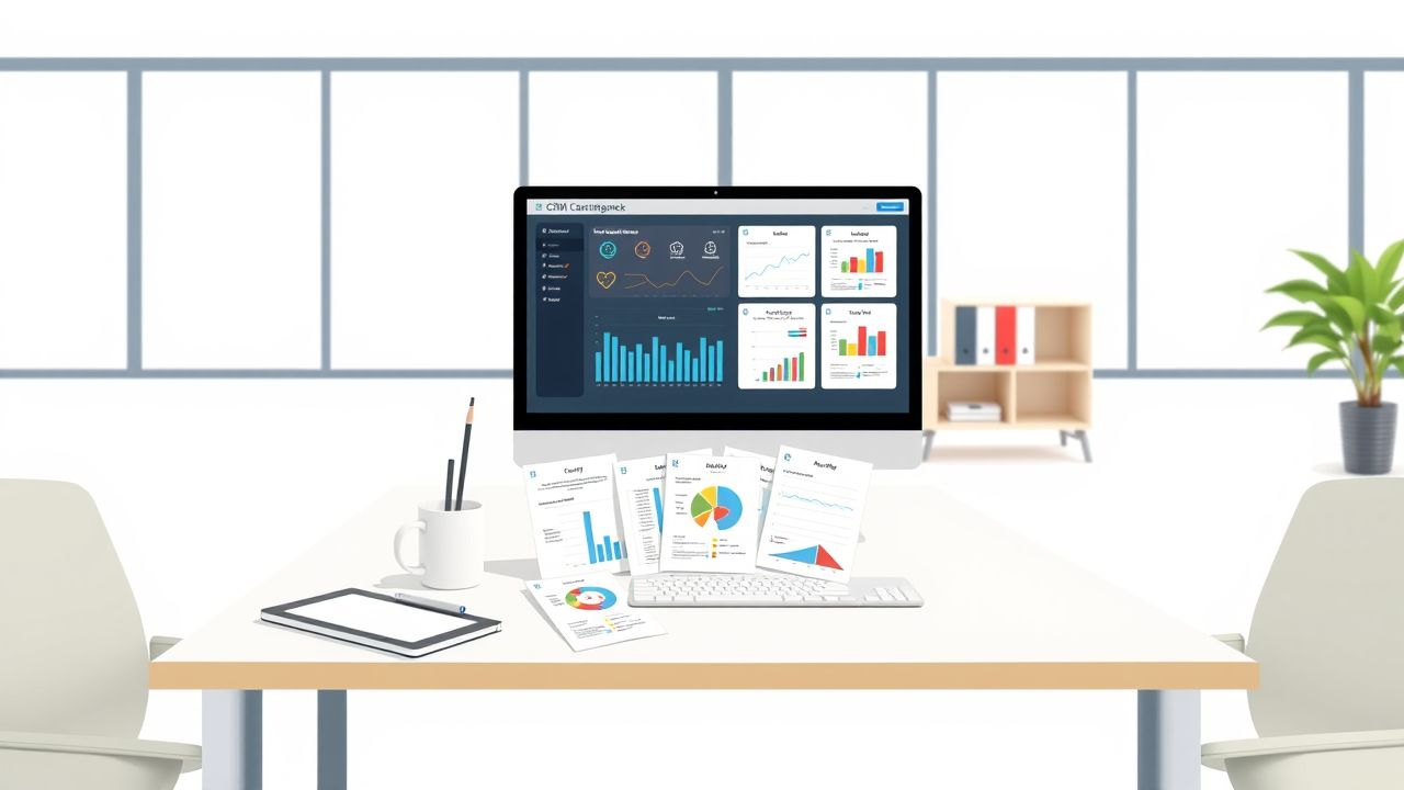 Een georganiseerd kantoor met CRM-software, klantfeedbackformulieren en grafieken.