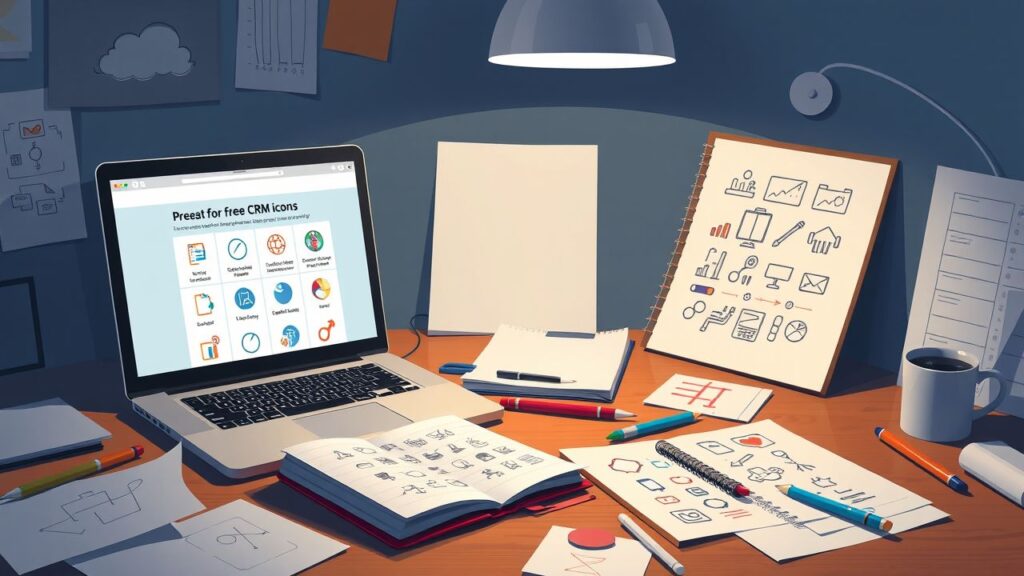 Een rommelig bureau met een open laptop en schetsen voor een project.