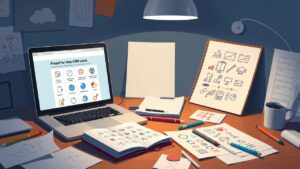 Een rommelig bureau met een open laptop en schetsen voor een project.