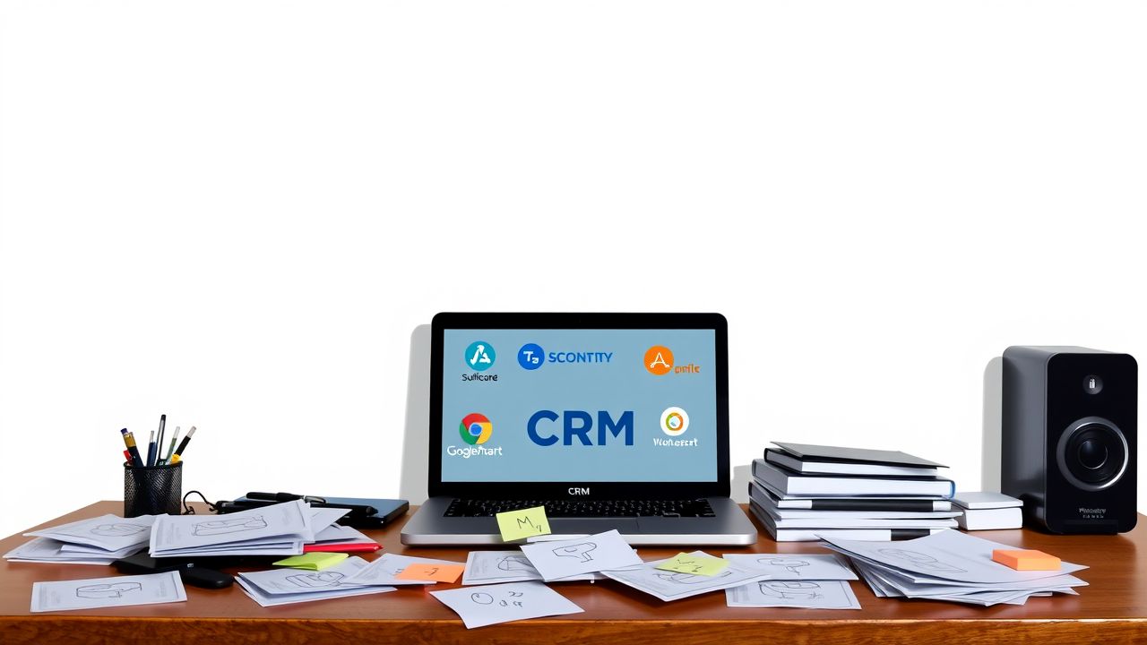 Een rommelig bureau met een open laptop met CRM-software.